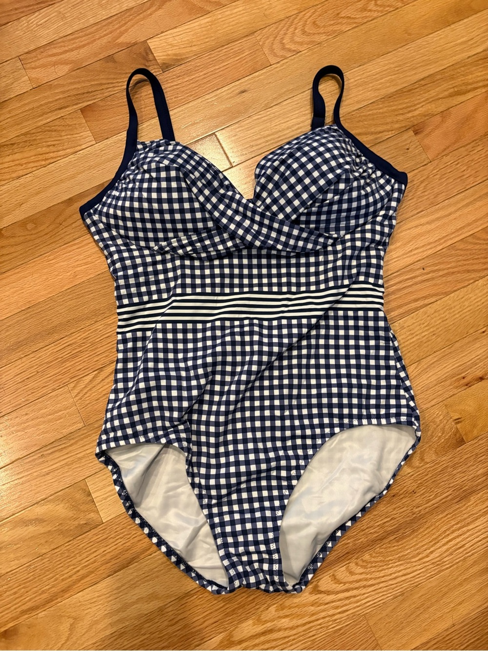 Draper James x Lands End Navy Gingham Swimsuit with Striped Waist